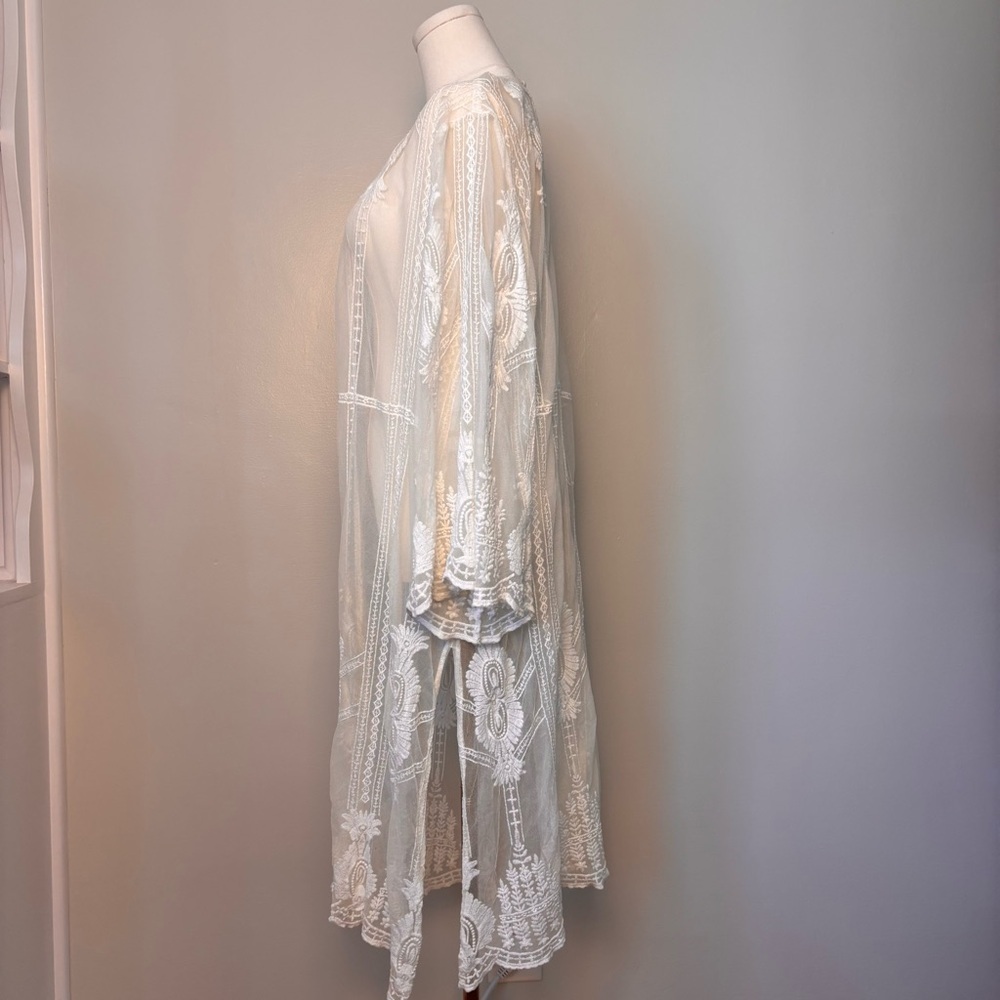 Artesian Boho Shear White Embroidered Lace Maxi Kimono 3/4 Flair Sleeve Sz XL - Picture 5 of 14